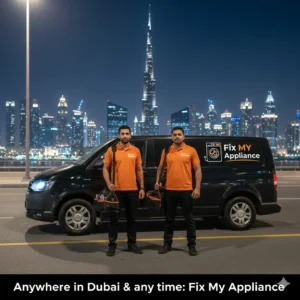 Two appliance repair technicians standing with service van on Dubai road with city skyline in background – Fix My Appliance