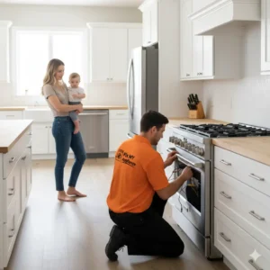 Technician repairing cooking range at home in Dubai while female homeowner observes – Fix My Appliance