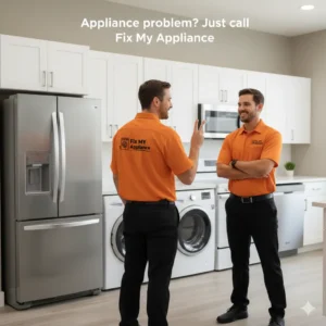Two technicians discussing dishwasher repair while examining a kitchen dishwasher.