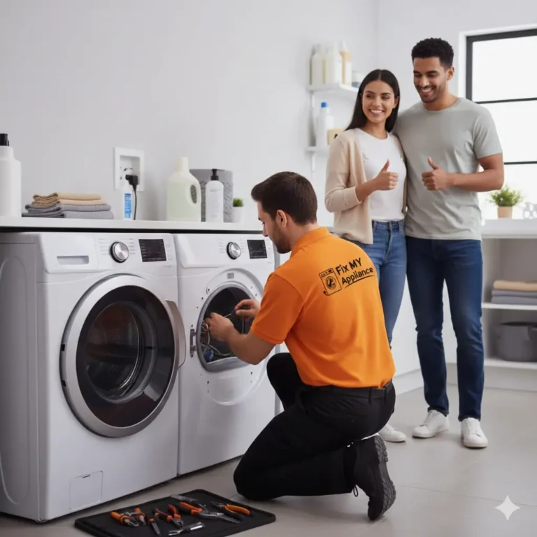 Technician performing professional dryer repair in Dubai to fix heating and drum issues