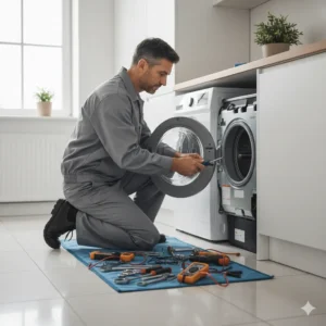 Professional technician repairing a modern front-load washing machine in a clean home, tools neatly arranged, bright and organized interior.