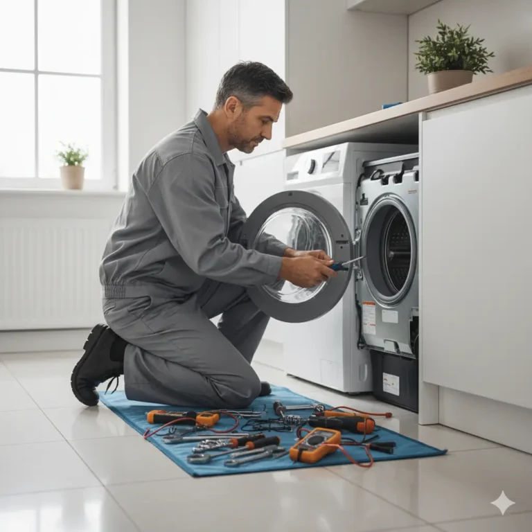 Professional technician repairing a modern front-load washing machine in a clean home, tools neatly arranged, bright and organized interior.