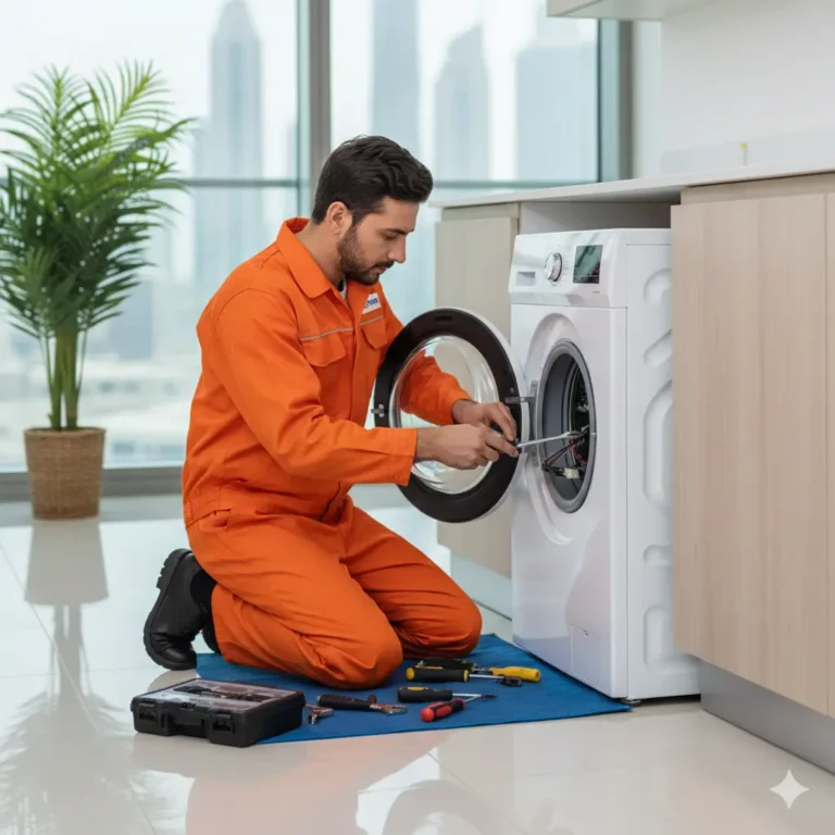 A technician in an orange uniform repairing a washing machine in a modern Dubai apartment.