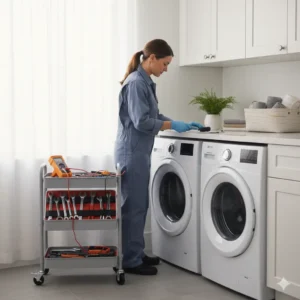 Technician performing dryer repair in Dubai on a modern clothes dryer in a clean laundry room.