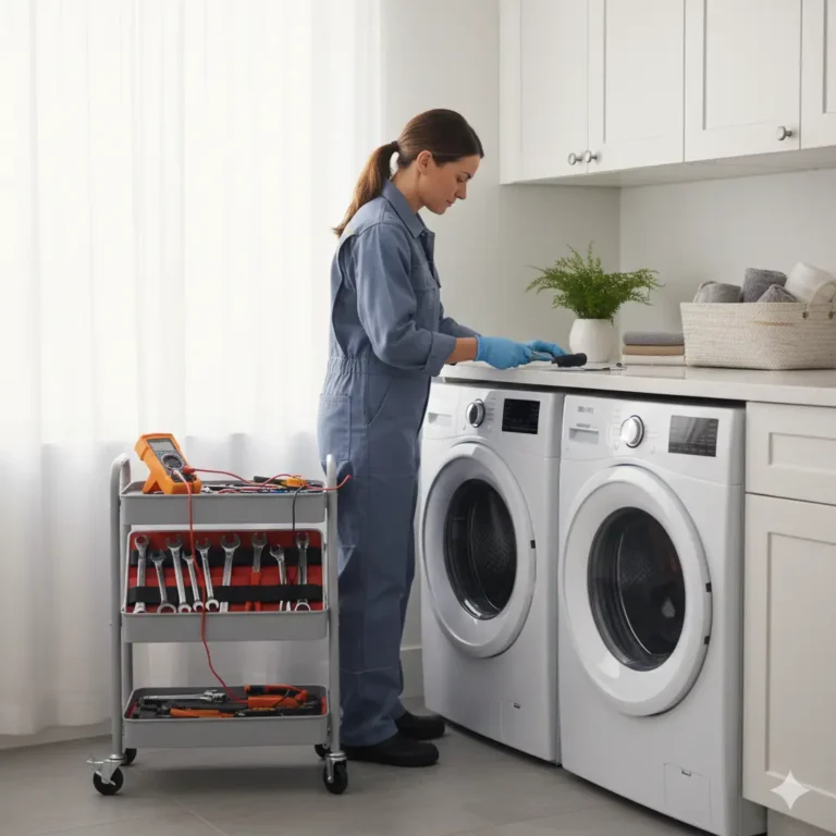 Technician performing dryer repair in Dubai on a modern clothes dryer in a clean laundry room.
