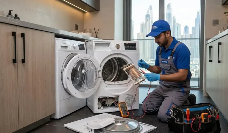 Technician repairing a dryer not heating in Dubai at a customer’s home
