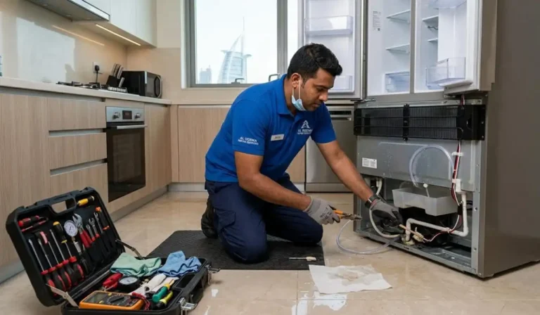 Fridge leaking water in Dubai technician fixing refrigerator leak