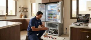 Technician repairing a refrigerator in a Dubai home