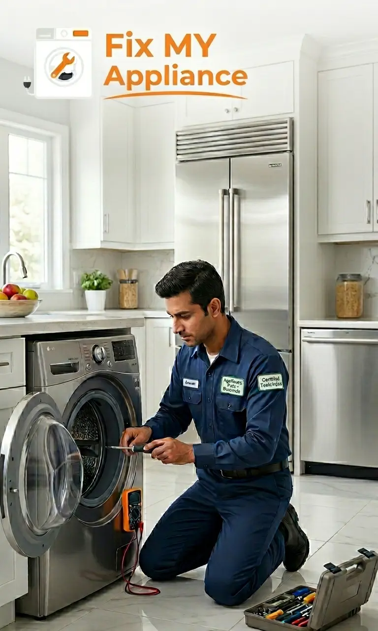 Professional appliance repair in {city} by a technician fixing a home appliance in a modern kitchen