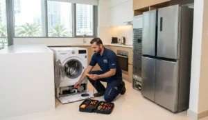 Technician performing DIY appliance troubleshooting Dubai in a modern home