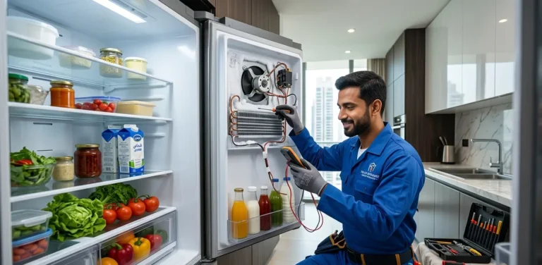 Technician providing refrigerator repair in Dubai at a customer’s home kitchen