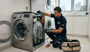 Technician fixing washing machine not spinning problem in Dubai home