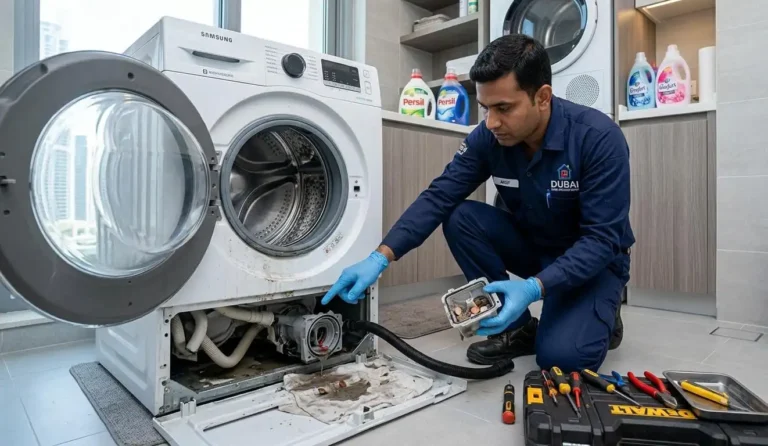 Washing machine not draining in Dubai technician fixing drainage issue