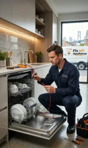 Professional dishwasher repair solutions in Dubai by expert technician fixing modern kitchen appliance at home