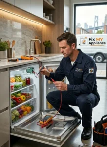 Fridge repair in dubai by expert technician fixing refrigerator at home