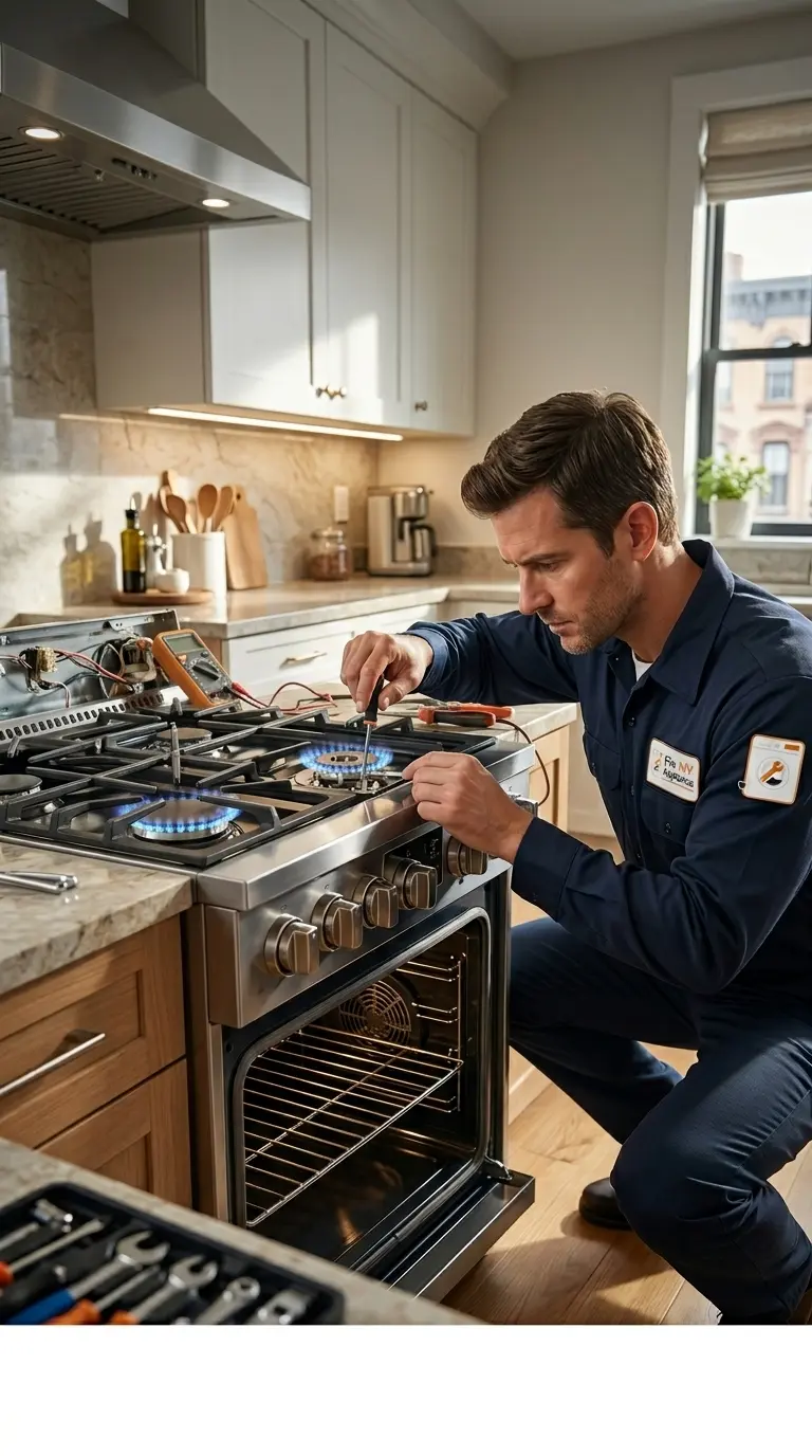 Technician repairing cooking range in Dubai with tools in modern kitchen