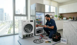 Professional Technician repairing home appliances in a Dubai household