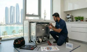 Technician repairing a dishwasher in a Dubai kitchen