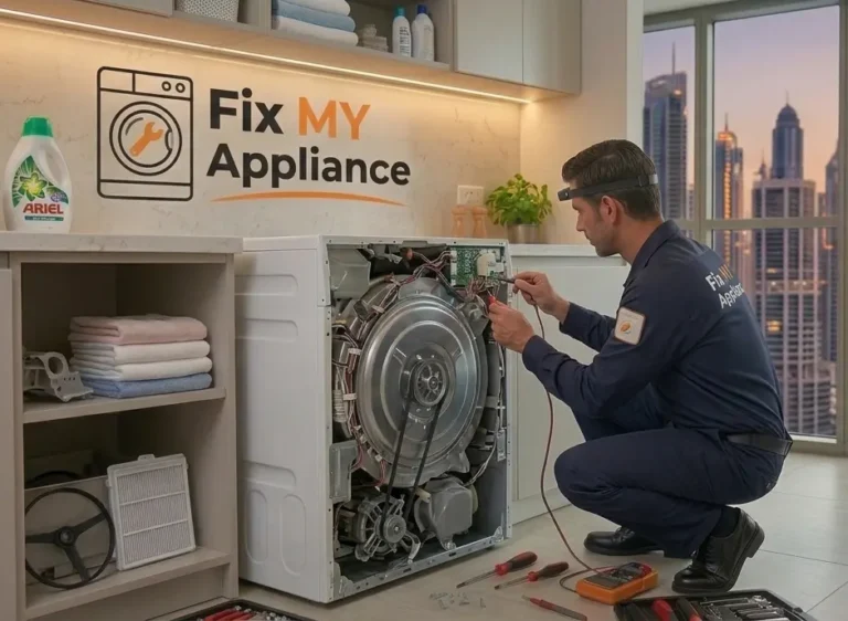 Technician repairing a dryer in a Dubai home