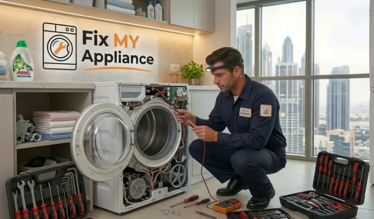 Technician repairing a dryer in a Dubai home laundry room
