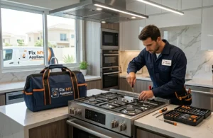 Technician repairing a cooking range in a Dubai kitchen
