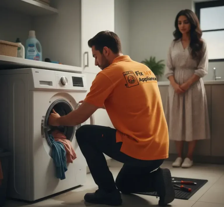 Professional technician repairing a washing machine not spinning properly in a Dubai home.