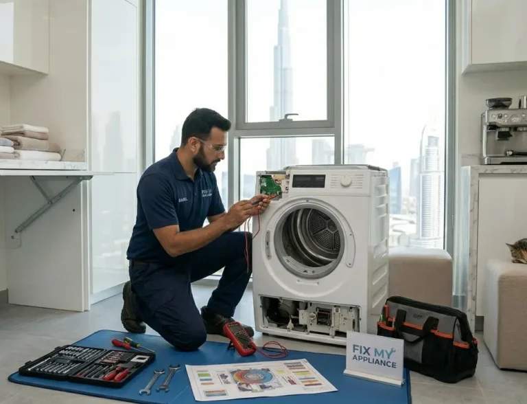 Technician repairing a dryer not drying clothes properly in a Dubai home