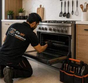 Gas leakage smell from stove repair technician inspecting cooking range connection in Dubai kitchen
