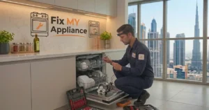Gas leakage smell from stove repair technician inspecting cooking range connection in Dubai kitchen