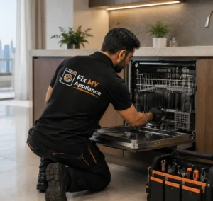 Emergency dishwasher repair service technician inspecting dishwasher pump in Dubai home