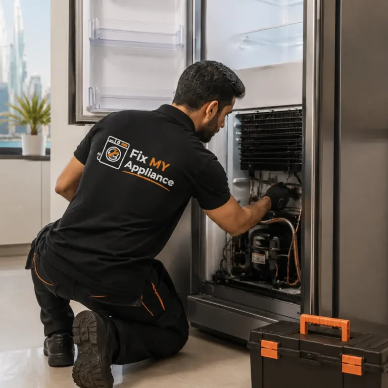 Refrigerator freezer not freezing properly technician inspecting evaporator fan coils in Dubai home