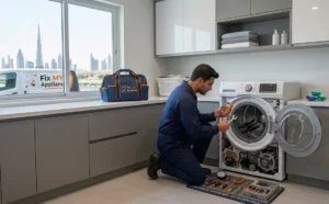 Technician fixing a Washing Machine Not Draining Water problem during professional washing machine repair service in Dubai.