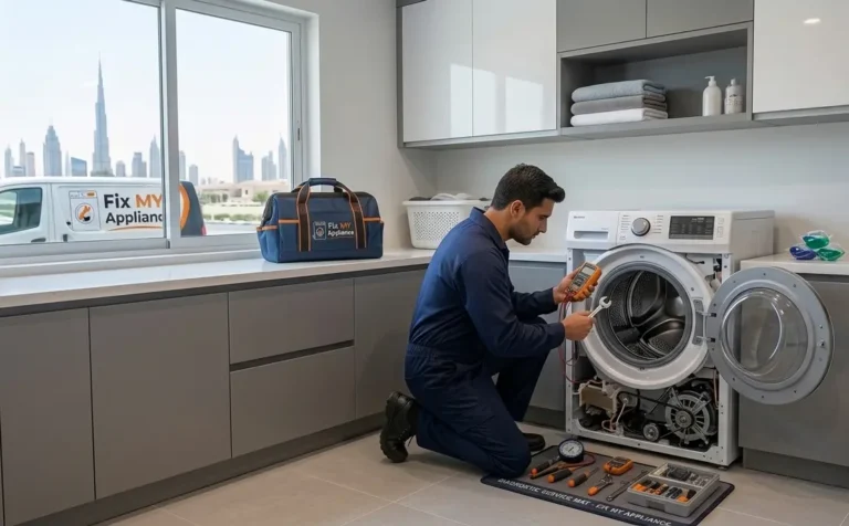 Technician fixing a Washing Machine Not Draining Water problem during professional washing machine repair service in Dubai.