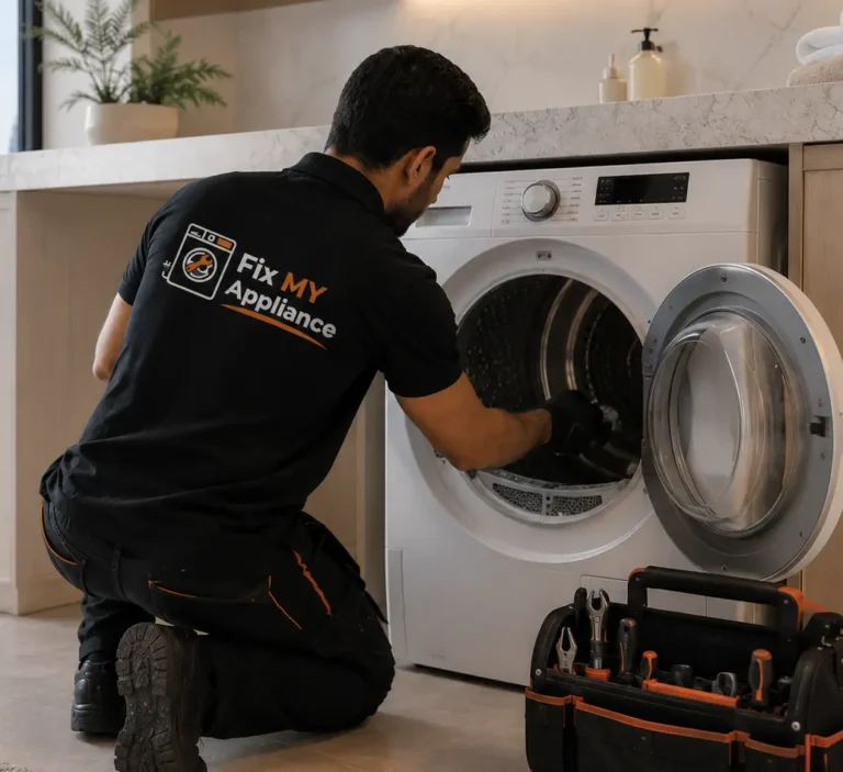 Dryer making loud noise technician inspecting 5 common components including drum rollers and belt in Dubai home