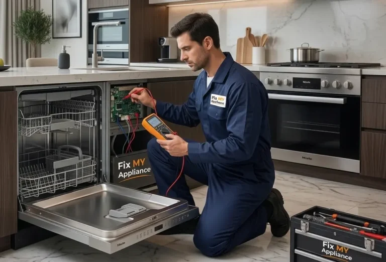 Dishwasher making loud noise technician inspecting 5 common components including pump and spray arm in Dubai home