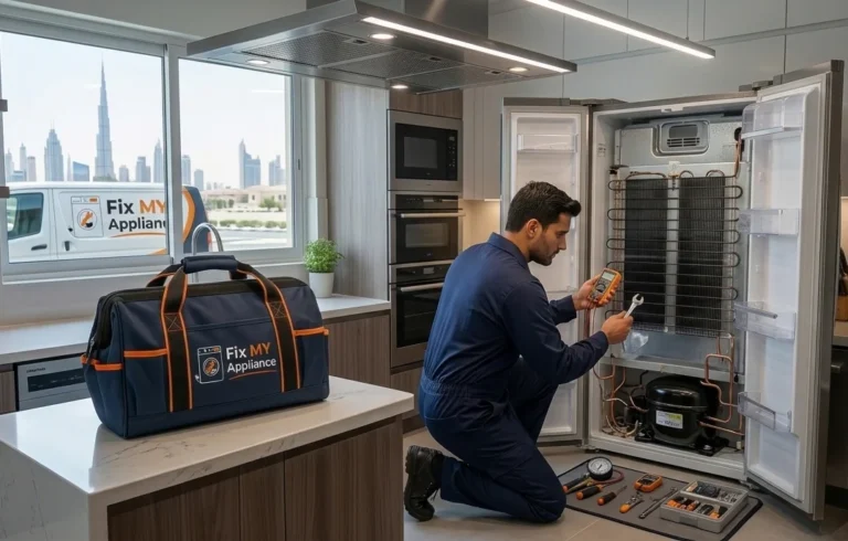 Fridge making loud noise technician inspecting 5 common components including compressor and condenser fan in Dubai home