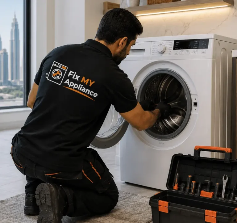 Washing machine leaking water technician inspecting door seal and hoses in Dubai home