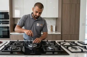 Gas burner not lighting technician inspecting 5 components including igniter and burner ports in Dubai kitchen