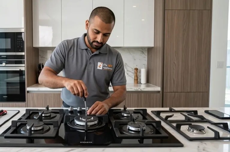 Gas burner not lighting technician inspecting 5 components including igniter and burner ports in Dubai kitchen