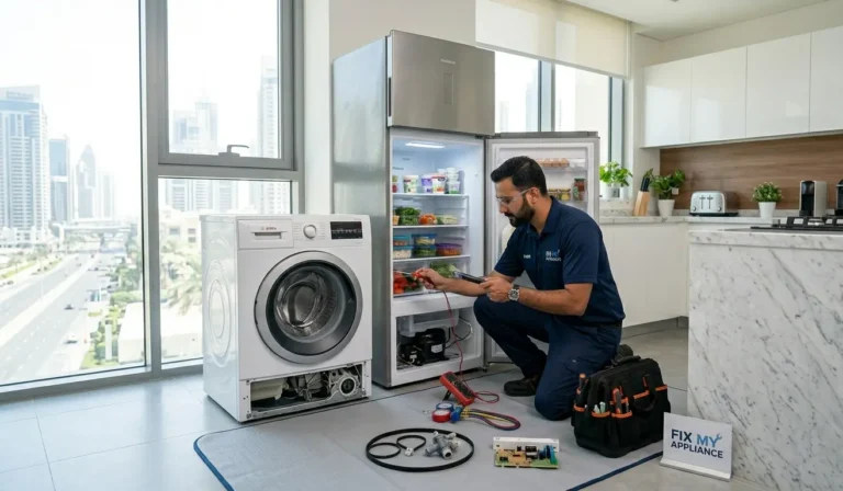 Fridge water leakage technician inspecting 5 common components including defrost drain and door seal in Dubai home