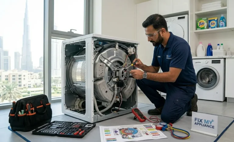Washing machine making loud noise technician inspecting 7 components including drum bearings and drive belt in Dubai home
